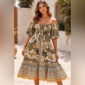 Angie Olive Green Floral Puff-Sleeve Maxi Dress with Mustard Accents